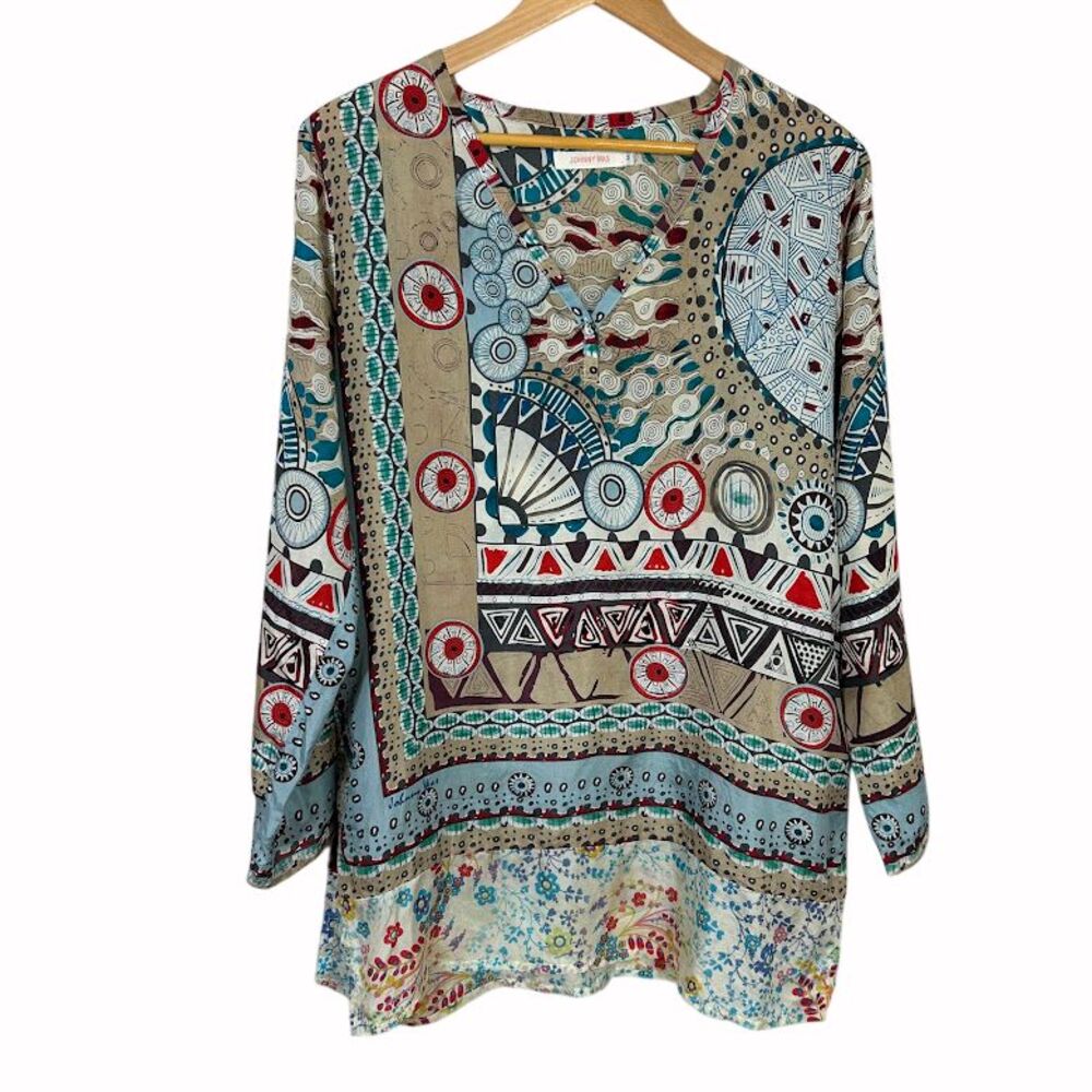 Johnny Was Silk Tunic Top M Floral Geometric Popover V Neck Long Sleeve